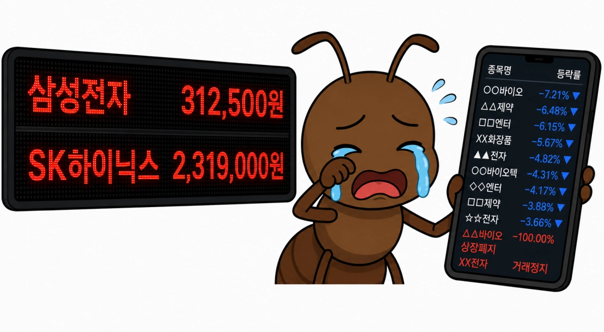 삼성전자가 31만원, SK하이닉스가 230만원을 돌파한 29일 각종 ‘잡주’에 투자했다 손실을 본 개미(개인 투자자)가 눈물을 흘리는 모습을 생성형 인공지능(AI) 챗GPT가 그린 이미지.