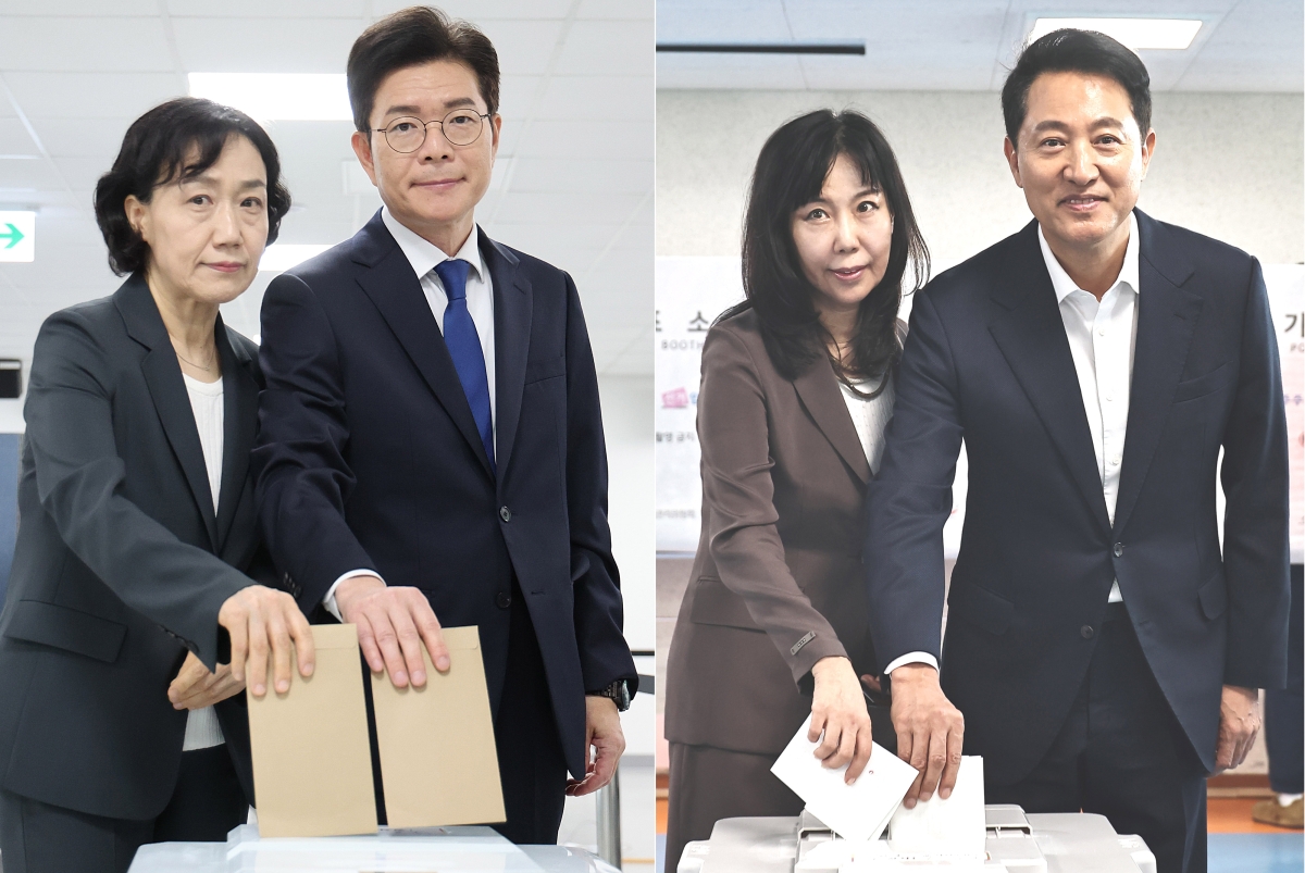 정원오(왼쪽) 더불어민주당 서울시장 후보 내외와 오세훈 국민의힘 서울시장 후보 내외가 29일 서울 중구 소공동행정복합청사에 마련된 사전투표소와 용산구 한남동 주민센터에 마련된 사전투표소에서 각각 소중한 한표를 행사하고 있다. (2026.05.29. 뉴시스