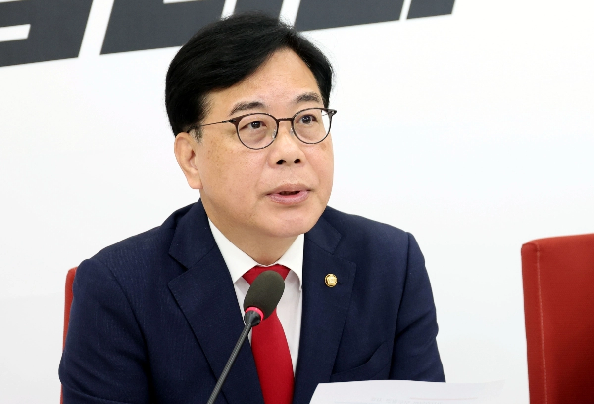 송언석 국민의힘 원내대표가 29일 국회에서 열린 현안 관련 기자간담회에서 발언을 하고 있다. 뉴시스