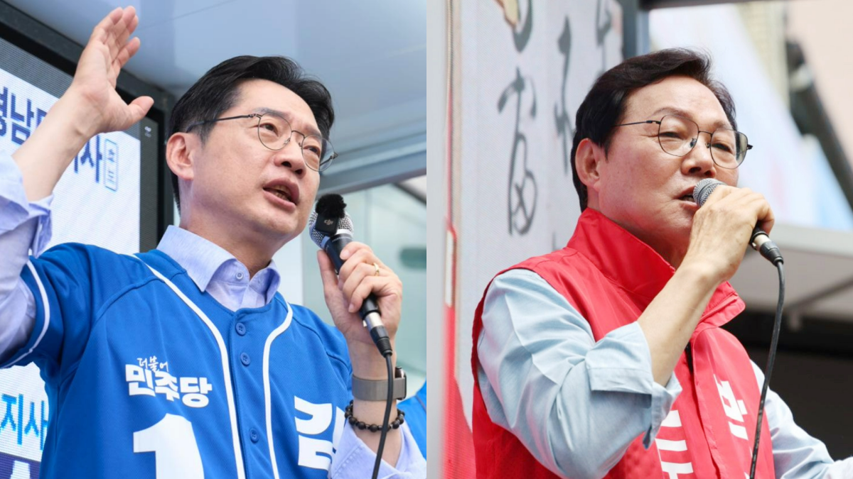 왼쪽부터 유세 중인 더불어민주당 김경수 경남도지사 후보, 국민의힘 박완수 경남도지사 후보. 2026.5.31. 각 후보 캠프 제공