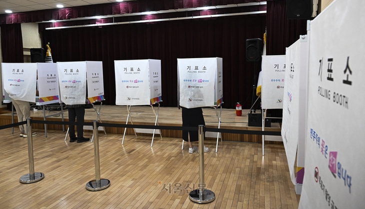 제9회 전국동시지방선거 사전투표 첫날인 지난달 29일 서울 종로구 종로1·2·3·4가동 주민센터에 마련된 사전투표소에서 유권자들이 투표하고 있다. 이지훈 기자