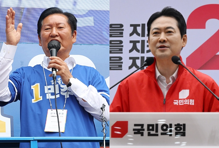 공식 선거운동 마지막 날인 2일 여야 대표는 유권자들을 향해 막판 지지를 호소했다. 정청래(왼쪽 사진) 더불어민주당 대표가 이날 강원 영월군을 찾아 우상호 강원지사 후보·박선규 영월군수 후보 지원유세를 펼치고 있다. 오른쪽 사진은 장동혁 국민의힘 대표가 서울 여의도 중앙당사에서 대국민 투표 참여를 호소하는 담화문을 발표하는 모습. 영월 연합뉴스·서울 안주영 전문기자