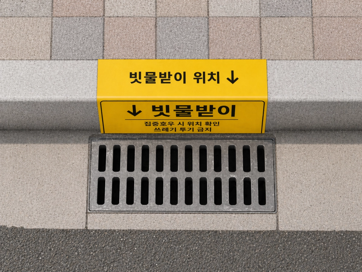 빗물받이 위치를 잘 보이도록 해주는 ㄱ형 스티커. 행정안전부 제공