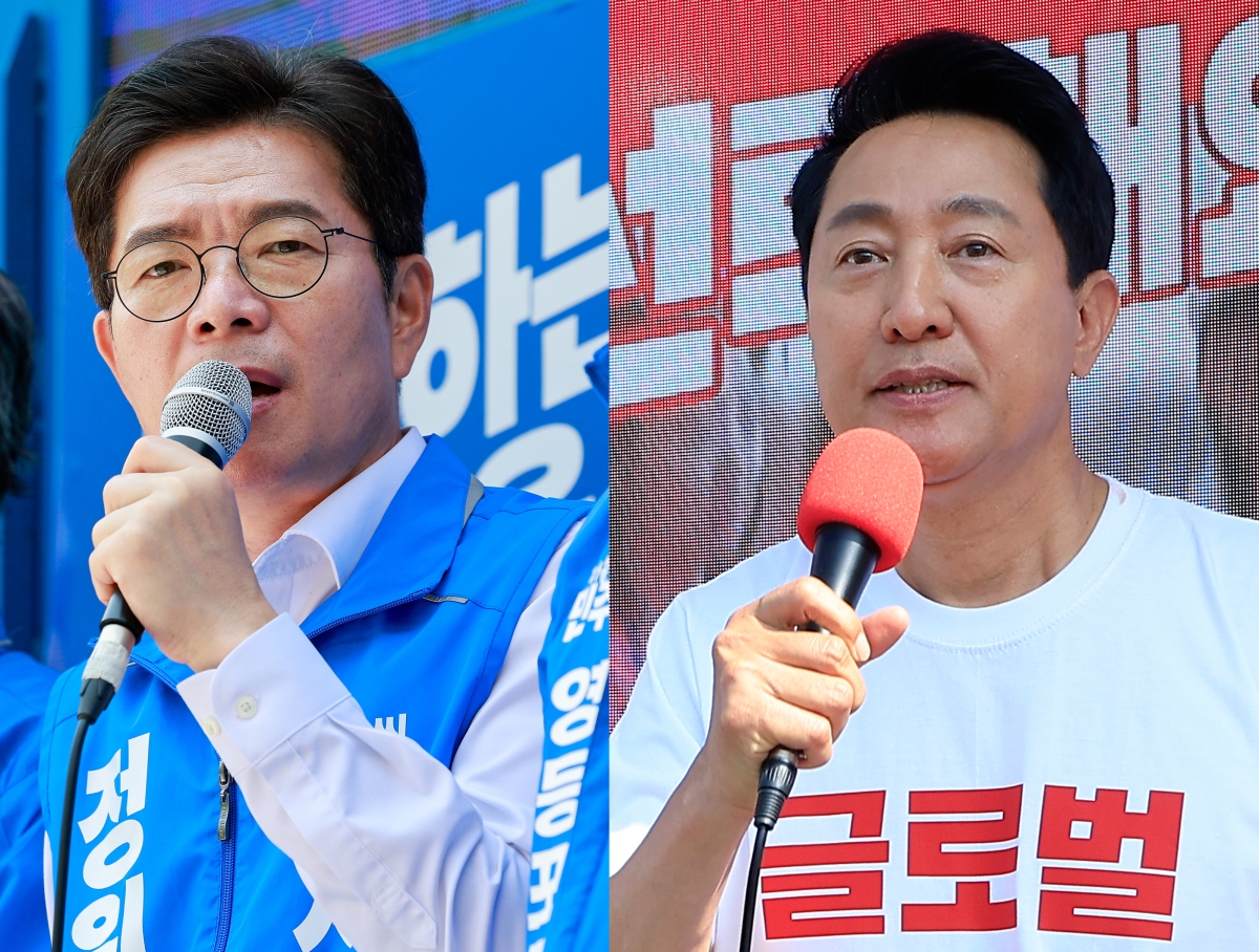 정원오 더불어민주당(왼쪽), 오세훈 국민의힘 서울시장 후보가 6·3지방선거를 하루 앞둔 2일 각각 서울 영등포구, 용산구 일대에서 시민들에게 지지를 호소하고 있다. 2026.6.2 뉴스1