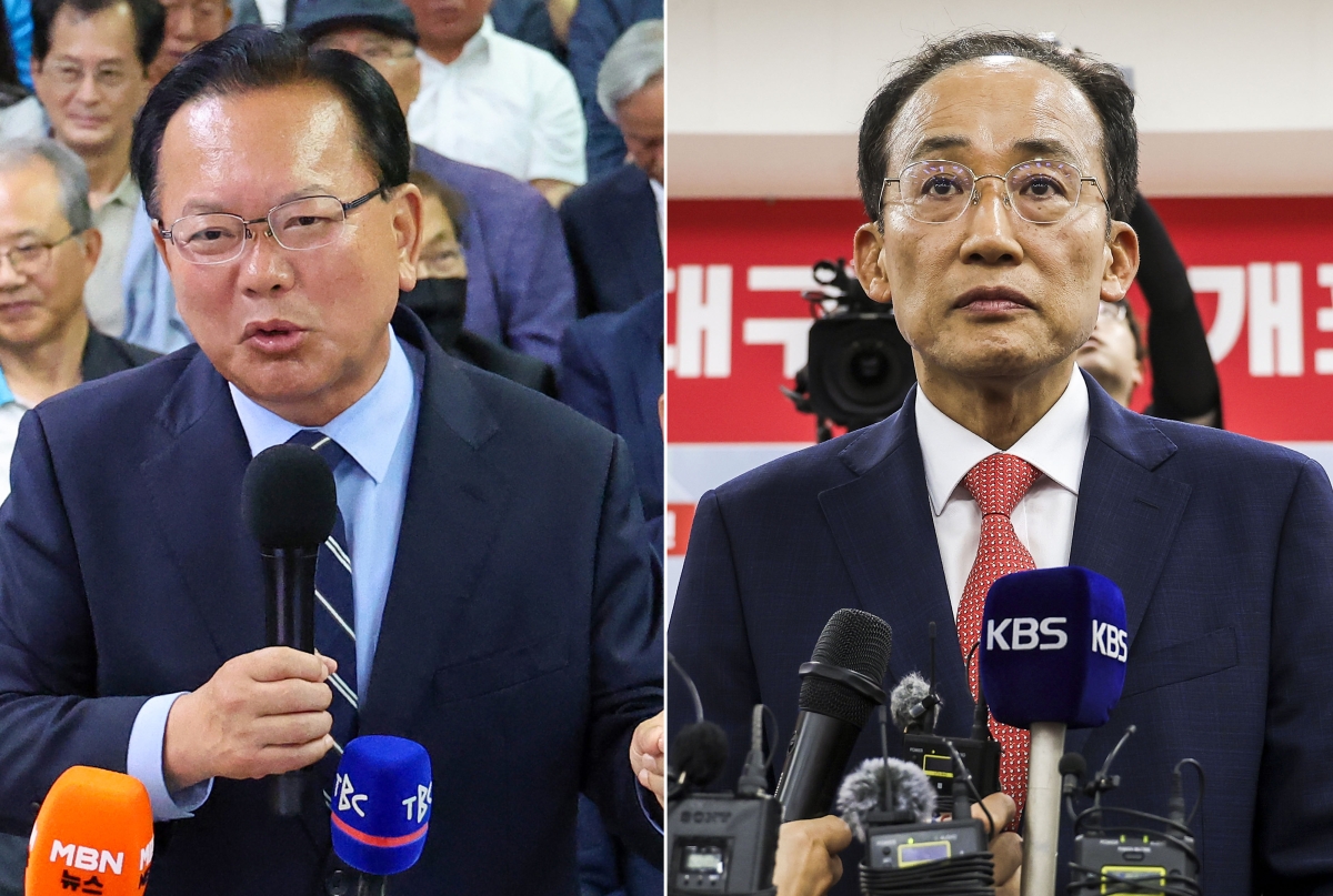 출구조사 확인 후 취재진 질문 답하는 김부겸-추경호