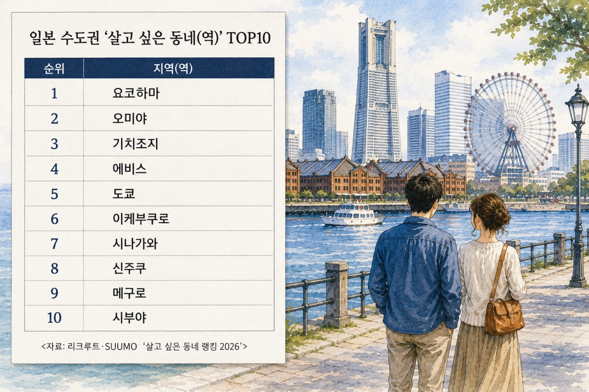 일본 부동산·주거 정보 플랫폼 스모(SUUMO)가 도쿄·가나가와·사이타마·지바·이바라키 등 수도권 거주 20~49세 9000명을 대상으로 실시한 ‘살고 싶은 동네 랭킹 2026’ 조사 결과. 요코하마는 9년 연속 1위를 차지했다. 챗 GPT 생성
