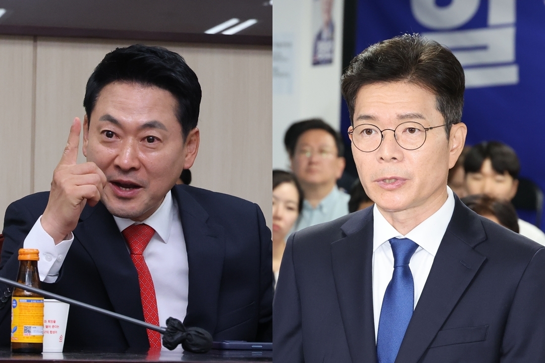 장동혁 국민의힘 상임선거대책위원장, 정원오 더불어민주당 서울시장 후보. 연합뉴스