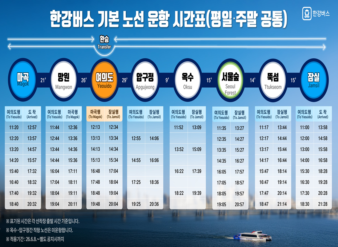 한강버스 기본 노선 운항 시간표. 서울시 제공