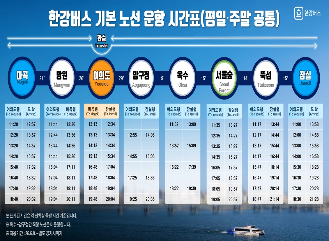 한강버스 기본 노선 운항 시간표. 서울시 제공
