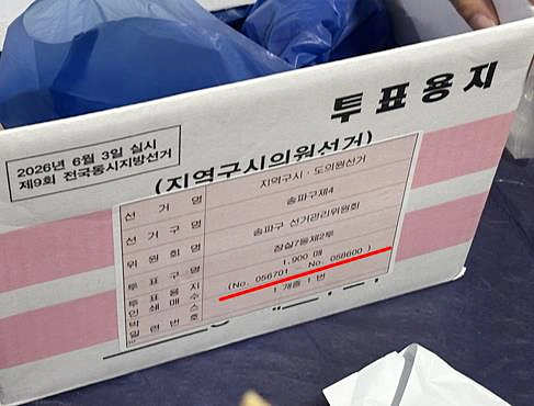 5일 서울 송파구 잠실7동 제2투표소 내부에서 발견된 투표용지 박스. 이 박스 겉면에 적힌 ‘투표용지 인쇄 매수’는 총 1900매였다. 이 투표소의 선거인 수는 3856명으로 파악됐다. 연합뉴스