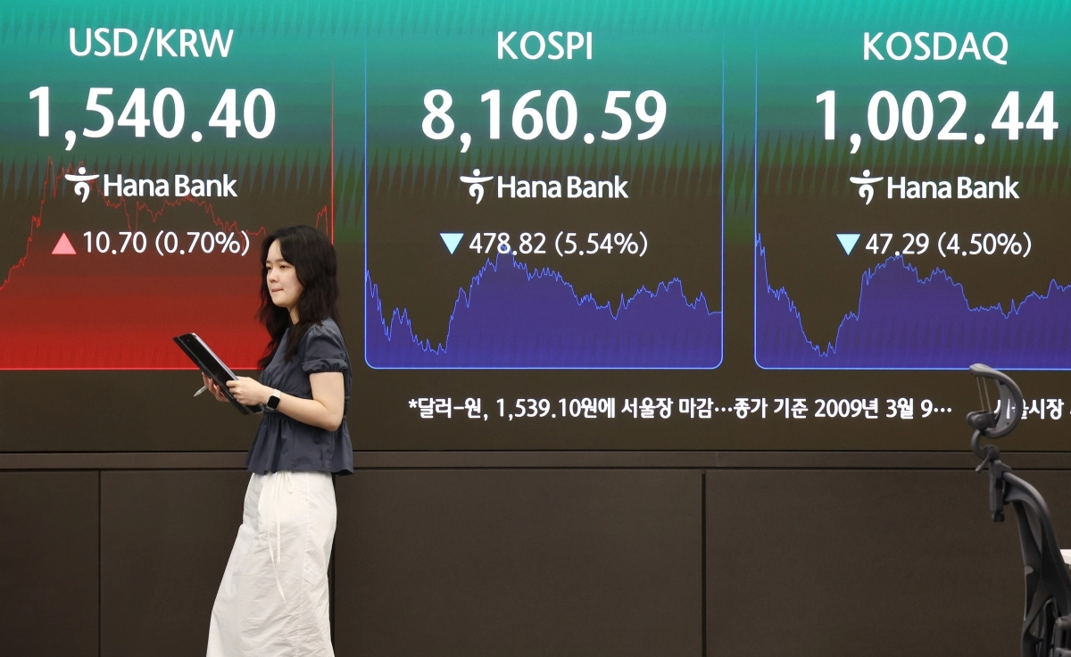 5일 서울 중구 하나은행 딜링룸 현황판에 코스피 등이 표시되고 있다. 이날 코스피는 전 거래일 대비 478.82 포인트(5.54%) 내린 8160.59에 장을 마감했다. 연합뉴스