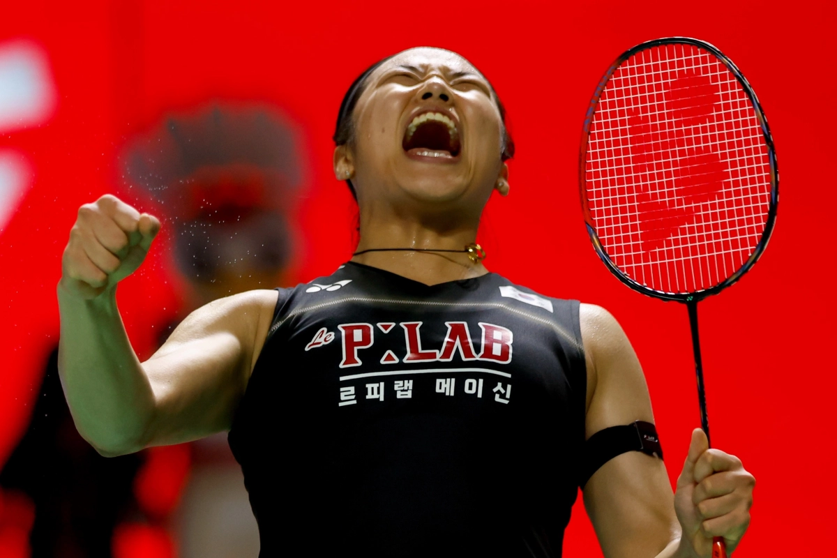 안세영이 7일 인도네시아 자카르타에서 열린 20126 세계배드민턴연맹(BWF) 월드투어 슈퍼 1000 인도네시아 오픈 결승전에서 우승을 확정지은 직후 포효하고 있다. 자카르타 EPA 연합뉴스