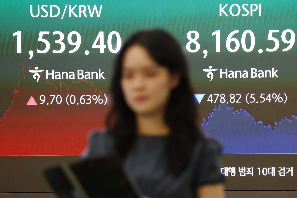 코스피가 5%대 급락한 지난 5일 서울 중구 하나은행 딜링룸 현황판에 코스피 등이 표시되고 있다. 이날 코스피는 전 거래일 대비 478.82포인트(5.54%) 내린 8160.59에, 코스닥은 47.29포인트(4.50%) 내린 1002.44에 장을 마감했다. 연합뉴스