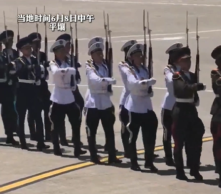 8일 북한 평양 순안국제공항에서 시진핑 중국 국가주석을 환영하는 의장대가 도열하고 있다. 소셜미디어 캡처