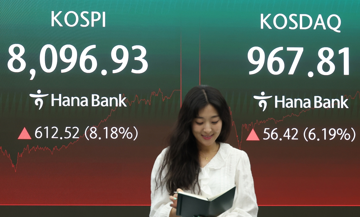 9일 서울 중구 하나은행 본점 딜링룸 전광판에 원/달러 환율, 코스피, 코스닥 지수가 표시돼 있다. 이날 코스피는 전장보다 612.52포인트(8.18%) 오른 8096.93로, 코스닥은 56.42포인트(6.19%) 오른 967.81으로 마감했다. 2026.6.9 연합뉴스