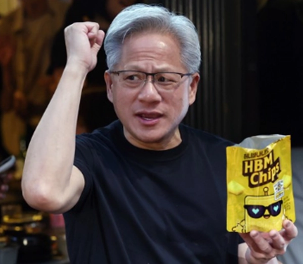 젠슨 황 엔비디아 최고경영자(CEO)가 5일 서울 마포구 홍대 인근 삼겹살 음식점 ‘형님 저요’ 앞에서 HBM칩스를 나눠주며 파이팅을 하고 있다. 2026.6.5 연합뉴스