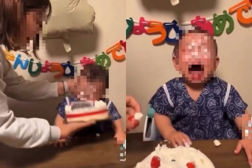 일본에서 한 여성이 생일을 맞은 아이의 얼굴을 케이크에 강제로 누르는 영상이 온라인을 통해 확산하면서 아동학대 논란이 일고 있다. 엑스 캡처