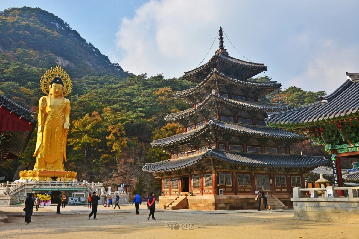 법주사 경내 모습. 사진 가운데가 5층 목탑 형태의 팔상전(국보 55호),왼쪽은 미륵대불. 손원천 기자