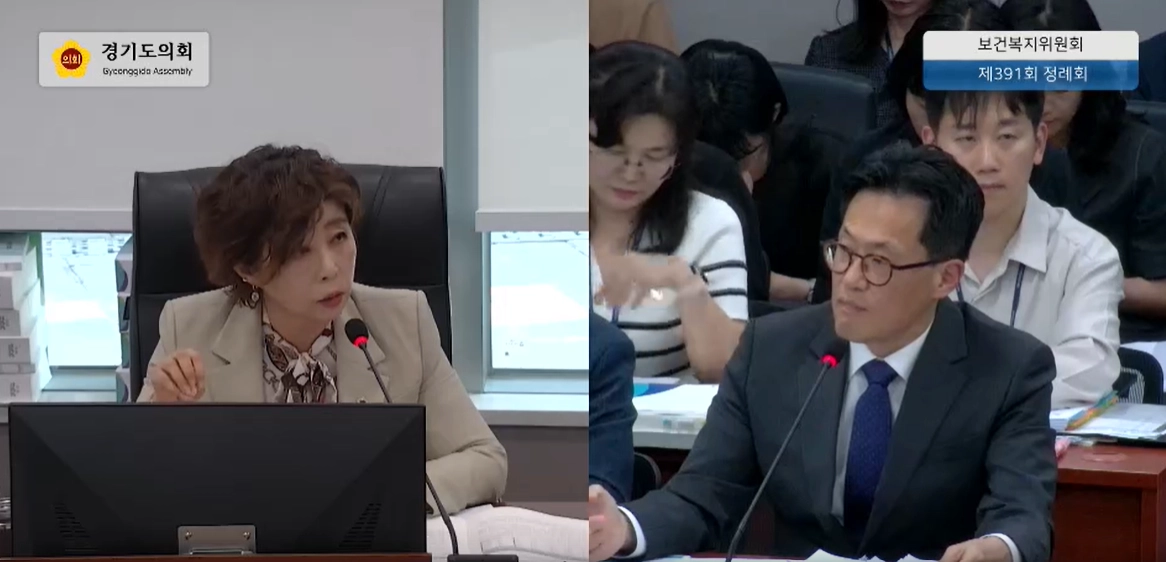 ▲ 11일 열린 제391회 정례회 결산심사에서 정경자 의원이 복지국 대상으로 자활성공지원금의 저조한 실집행률을 지적하며 ‘일하는 쪽이 이득’이 되는 실효성 있는 복지 사다리 구축을 요구하고 있다. (사진=경기도의회)