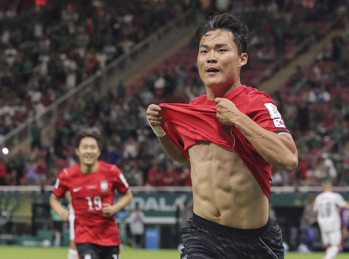 대한민국 축구국가대표팀 오현규가 12일(한국시간) 멕시코 할리스코주 사포판 과달라하라 스타디움에서 열린 2026 북중미월드컵 A조 조별리그 1차전 대한민국과 체코의 경기에서 역전골을 넣고 세리머니를 하고 있다. 2026.6.12 사포판 연합뉴스