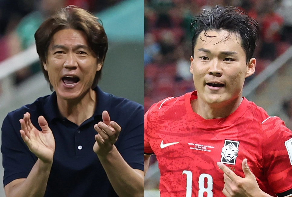 11일(현지시간) 멕시코 사포판 과달라하라 스타디움에서 열린 2026 북중미 월드컵 A조 1차전 한국과 체코의 경기. 홍명보 감독이 선수들을 격려하는 모습과 오현규가 역전골을 넣고 환호하는 모습. 2026.6.12 연합뉴스, 뉴스1