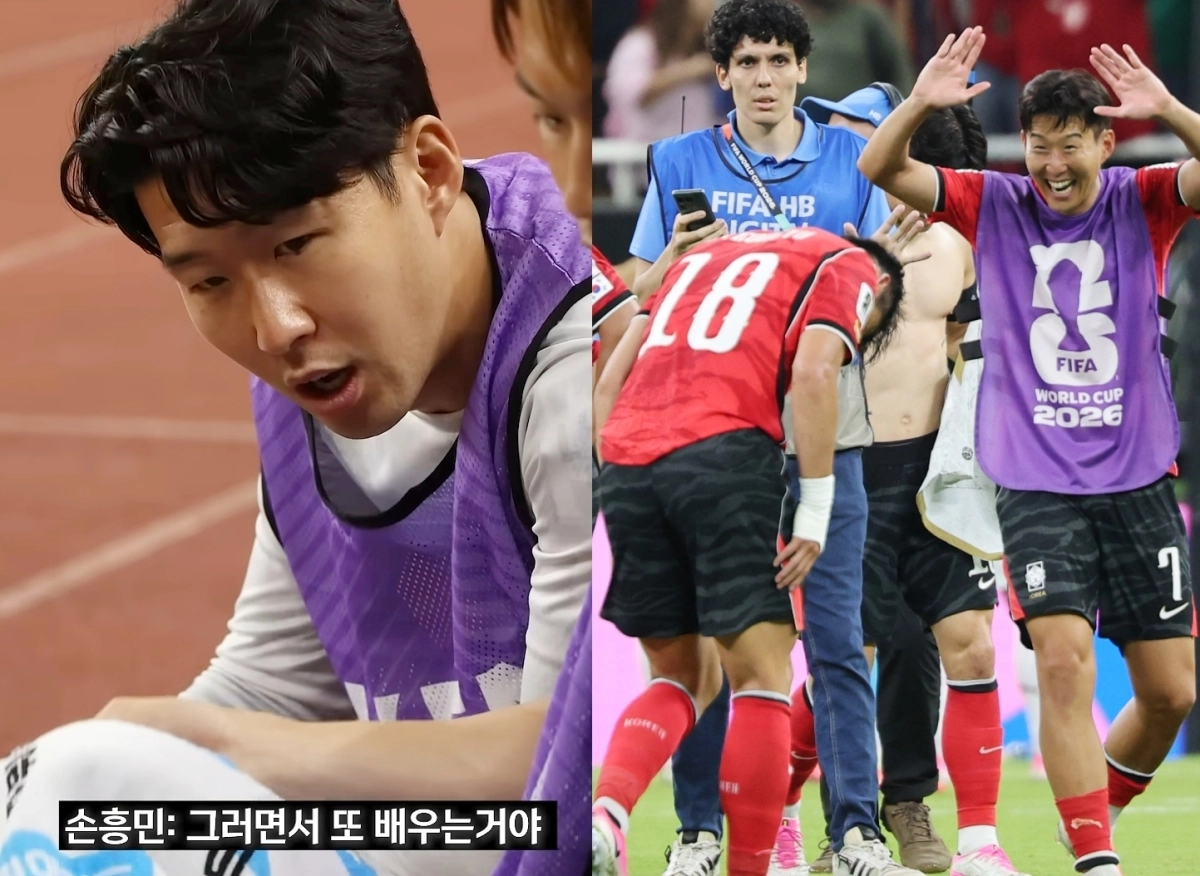 2023년 6월 한국과 페루의 평가전 당시 교체된 오현규를 위로하는 손흥민(왼쪽사진), 11일(현지시간) 멕시코 할리스코주 사포판 과달라하라 스타디움에서 열린 2026 북중미 월드컵 A조 조별리그 1차전 대한민국과 체코의 경기에서 역전의 주역 오현규가 2-1 승리 후 주장 손흥민에게 인사하고 인다. 2026.6.12 유튜브채널 ‘KFATV 대한민국 축구 국가대표팀’ 캡처, 뉴스1