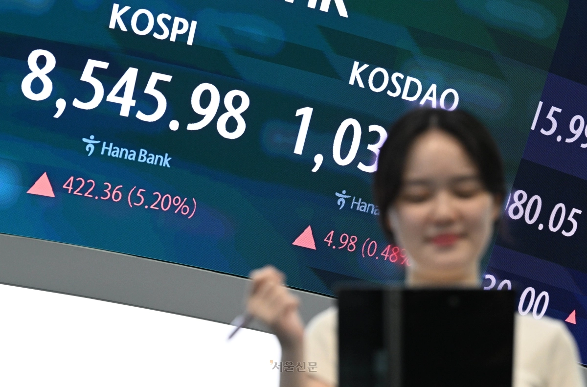 미국과 이란의 중동 전쟁 종전 양해각서(MOU) 합의 소식이 전해진 15일 서울시 중구 하나은행 딜링룸 전광판에 코스피 등 종가가 표시되고 있다. 이날 코스피는 전 거래일 대비 422.36p(5.20%) 오른 8545.98, 코스닥은 4.98포인트(p)(0.48%) 오른 1034.03, 서울외환시장에서 달러·원 환율은 전일 오후 3시 30분 주간종가 보다 8.7원 내린 1511.1원을 기록했다. 2026.6.15 홍윤기 기자