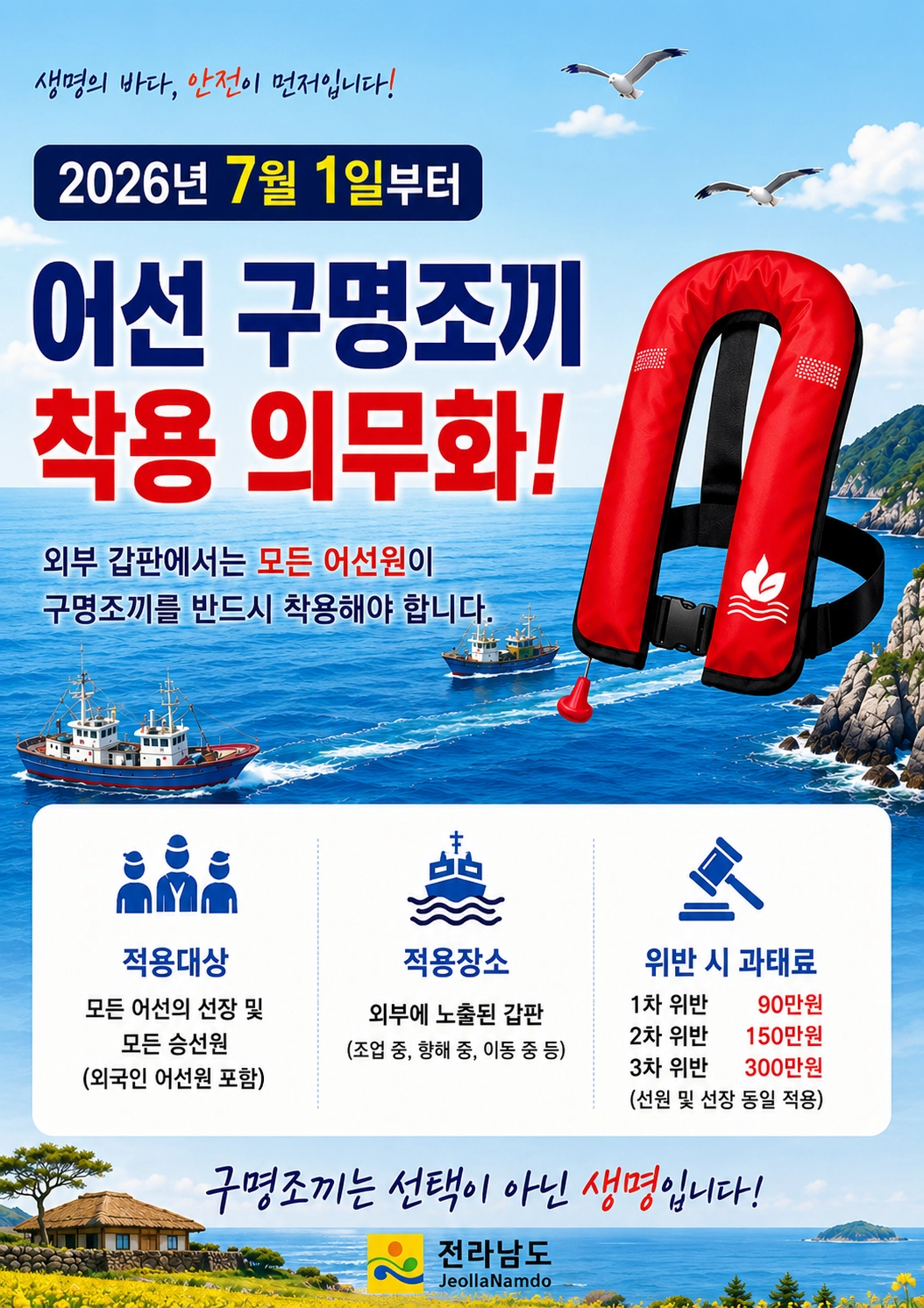 어선 구명조끼 착용 의무화 안내 포스터.