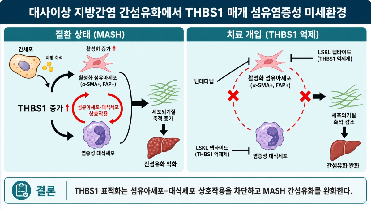THBS1 매개 섬유아세포-대식세포 상호작용에 의한 대사이상 지방간염 간섬유화 악화 기전 및 THBS1 억제효과 모식도  가톨릭대 제공