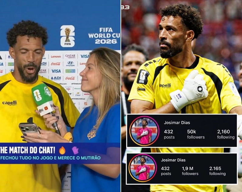 2026 FIFA 북중미 월드컵 스타로 떠오른 카보베르데 축구 대표팀 골키퍼 보지냐가 지난 15일(현지시간) 스페인과의 경기에서 0-0으로 비기는 드라마를 만들어 낸 직후 한 여성 기자가 폭증한 소셜미디어(SNS) 팔로워 수에 대한 소감을 묻는 질문에 답하고 있다(왼쪽 사진). 오른쪽 사진은 보지냐가 스페인전 전후 팔로워 수를 비교하며 올린 게시물. 보지냐 인스타그램 캡처