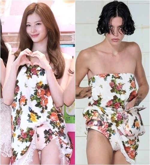 그룹 트와이스 멤버 사나(왼쪽)가 지난 18일 서울 종로구 이마빌딩에서 열린 ‘티젠X트와이스 콤부차 랩(LAB)’ 포토세션에 참석한 가운데, 속옷이 노출된 듯한 파격적인 의상으로 논란이 됐다. 뉴스1·본봄