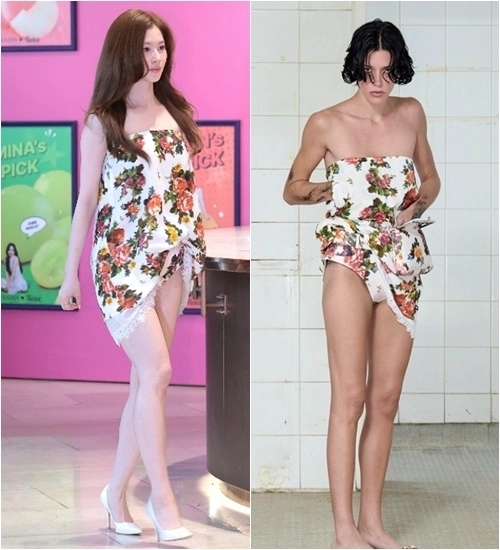 그룹 트와이스 멤버 사나(왼쪽)가 지난 18일 서울 종로구 이마빌딩에서 열린 ‘티젠X트와이스 콤부차 랩(LAB)’ 포토세션에 참석한 가운데, 속옷이 노출된 듯한 파격적인 의상으로 논란이 됐다. 뉴스1·본봄