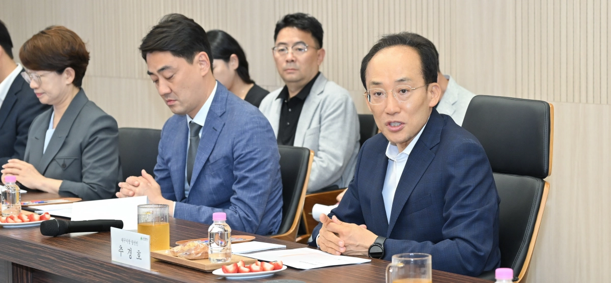 추경호 대구시장 당선인이 지난 18일  이차전지 양극재 제조 전문기업인 엘앤에프 생산 공장을 찾아 관계자들과 간담회를 갖고 있다. 대구시장직 인수위원회 제공