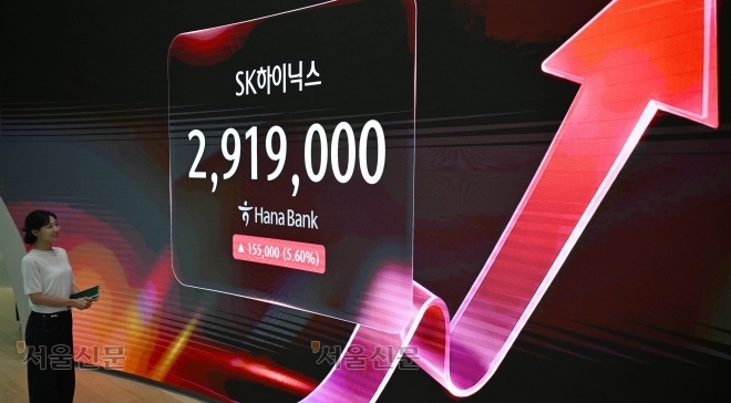 SK하이닉스가 삼성전자(보통주 기준)를 제치고 코스피 시가총액 1위에 오른 22일 서울 중구 하나은행 딜링룸 전광판에 SK하이닉스 종가가 표시되고 있다. 이날 SK하이닉스는 전 거래일보다 5.61% 오른 291만 9000원에 마감하며 종가 기준 시가총액에서 삼성전자를 13조 7187억원 앞섰다. 삼성전자가 코스피 시총 1위 자리를 내준 것은 25년 7개월 만이다. 홍윤기 기자