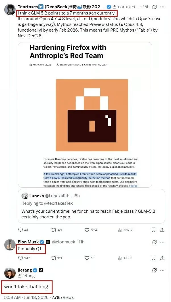 중국산으로 성능 1위인 인공지능(AI) GLM이 미국 인공지능 클로드와 7개월 격차밖에 나지 않는다는 엑스(X) 게시물. 일론 머스크가 내년 1분기에 중국이 미국과 같은 수준의  AI를 내놓을 것이라고 하자, GLM을 만든 탕제가 그렇게 오래 걸리지 않는다고 밝혔다. 엑스 캡처