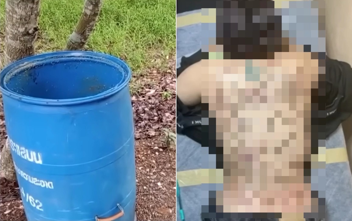 지난 18일(현지시간) 태국 라용주 한 마을 길가의 쓰레기통에서 17세 소녀의 시신이 발견된 가운데 범인은 16세 남자친구인 것으로 밝혀졌다. 사진은 시신이 담겨 있던 쓰레기통(왼쪽)과 신원 확인에 결정적 역할을 한 등 문신이 보이는 생전 피해자 모습(사진 일부 모자이크 처리함). 타이랏뉴스·아마린TV 유튜브 캡처