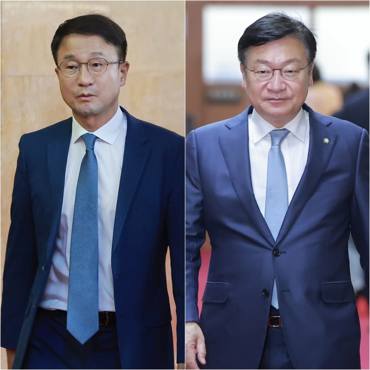 더불어민주당 한병도 원내대표(왼쪽)와 국민의힘 정점식 원내대표가 24일 국회의장실에서 조정식 국회의장 주재 원 구성 관련 원내대표 회동을 마친 뒤 이동하고 있다. 2026.6.24 연합뉴스