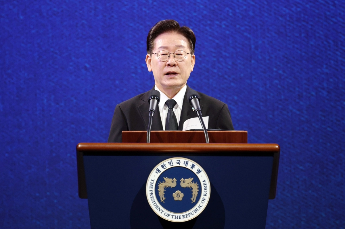 이재명 대통령이 25일 경기 수원 영통구 수원컨벤션센터에서 열린 6·25 전쟁 제76주년 기념식에서 기념사를 하고 있다. 뉴스1
