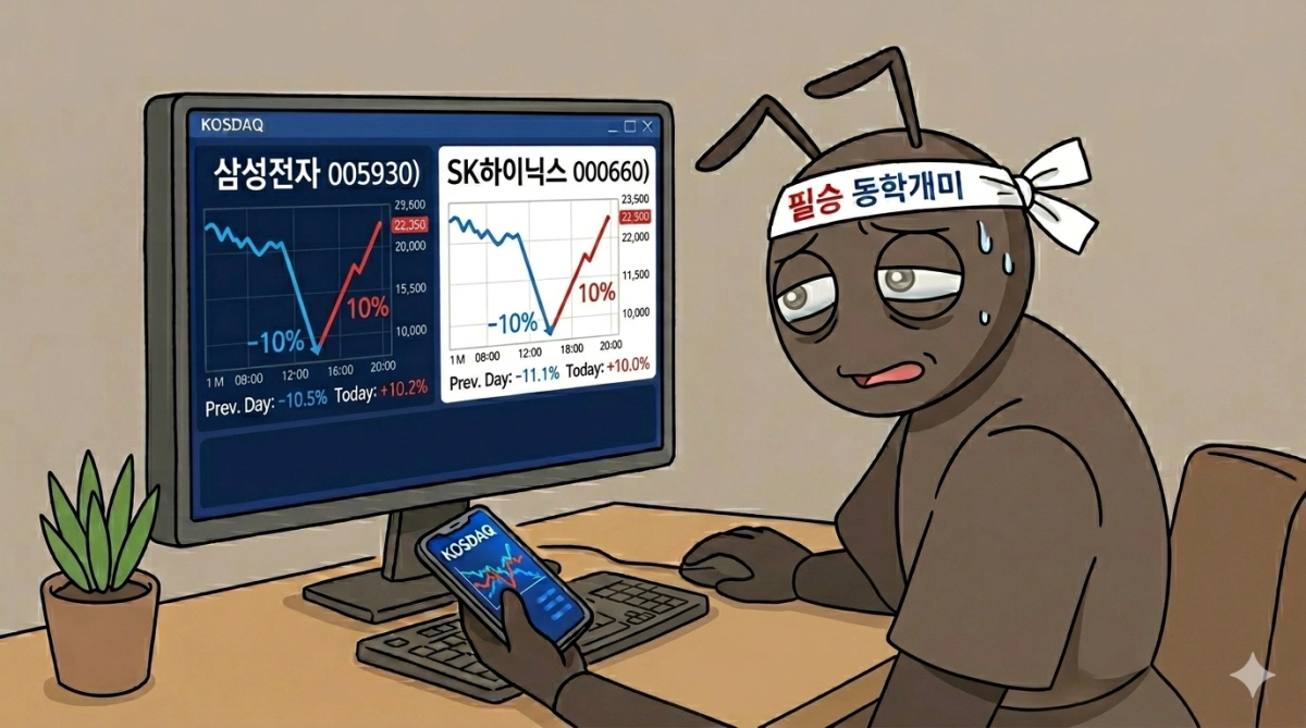 삼성전자와 SK하이닉스가 연일 10% 안팎의 급등락을 이어가는 ‘롤러코스터 장세’에 지친 동학개미를 생성형 인공지능(AI) 제미나이가 그린 이미지.