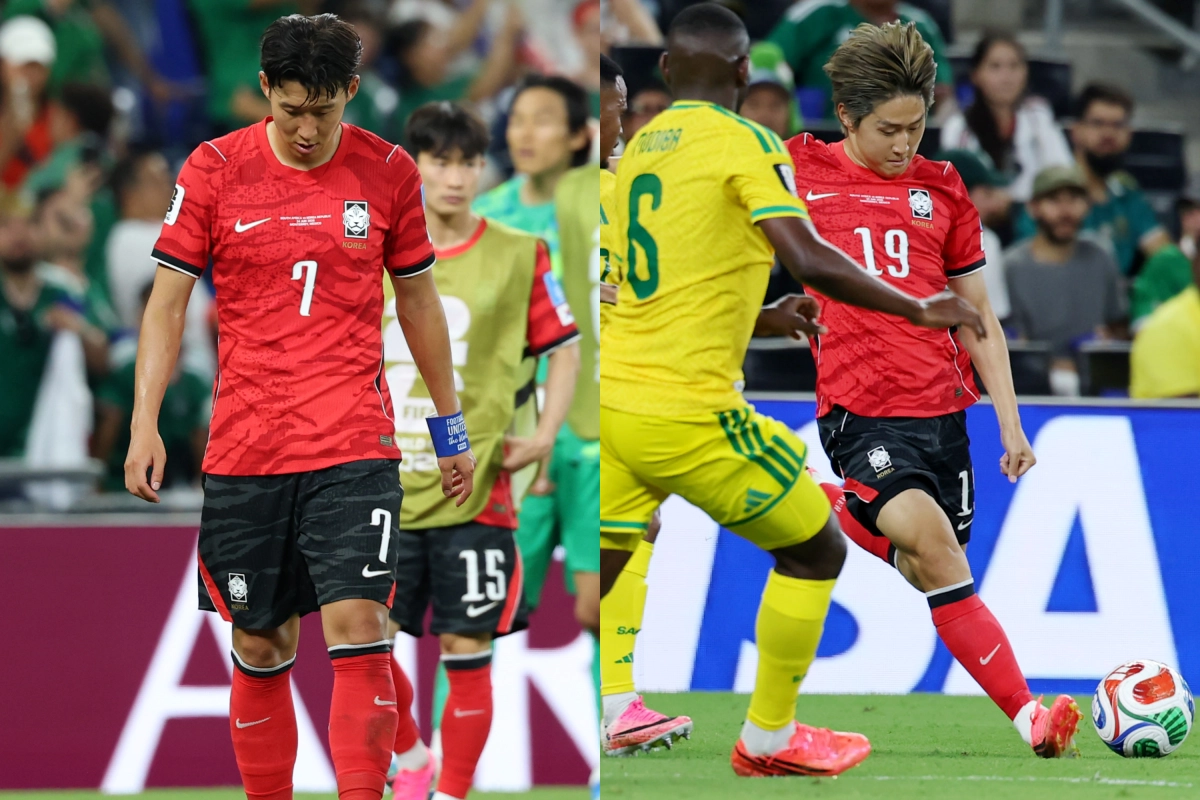 한국 축구대표팀의 주장 손흥민(왼쪽)이 25일(한국시간) 멕시코 누에보레온주 과달루페의 몬테레이 스타디움에서 열린 2026 국제축구연맹(FIFA) 북중미월드컵 조별리그 A조 남아프리카공화국과의 최종전에서 0-1로 패한 뒤 아쉬워하고 있다. 오른쪽은 이날 경기에서 풀타임을 소화한 이강인. 과달루페 뉴시스