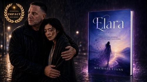 마이클 에반스 신작 ‘엘라라(Elara)’ 키 비주얼. 인터내셔널 임팩트 북 어워드(International Impact Book Awards) 파이널리스트 선정 마크와 함께 공개됐다. 본작은 ‘더 리얼 매트릭스 리로디드’ 속 인물 ‘엘라라’를 실화에 기반해 단독 작품으로 확장한 신작