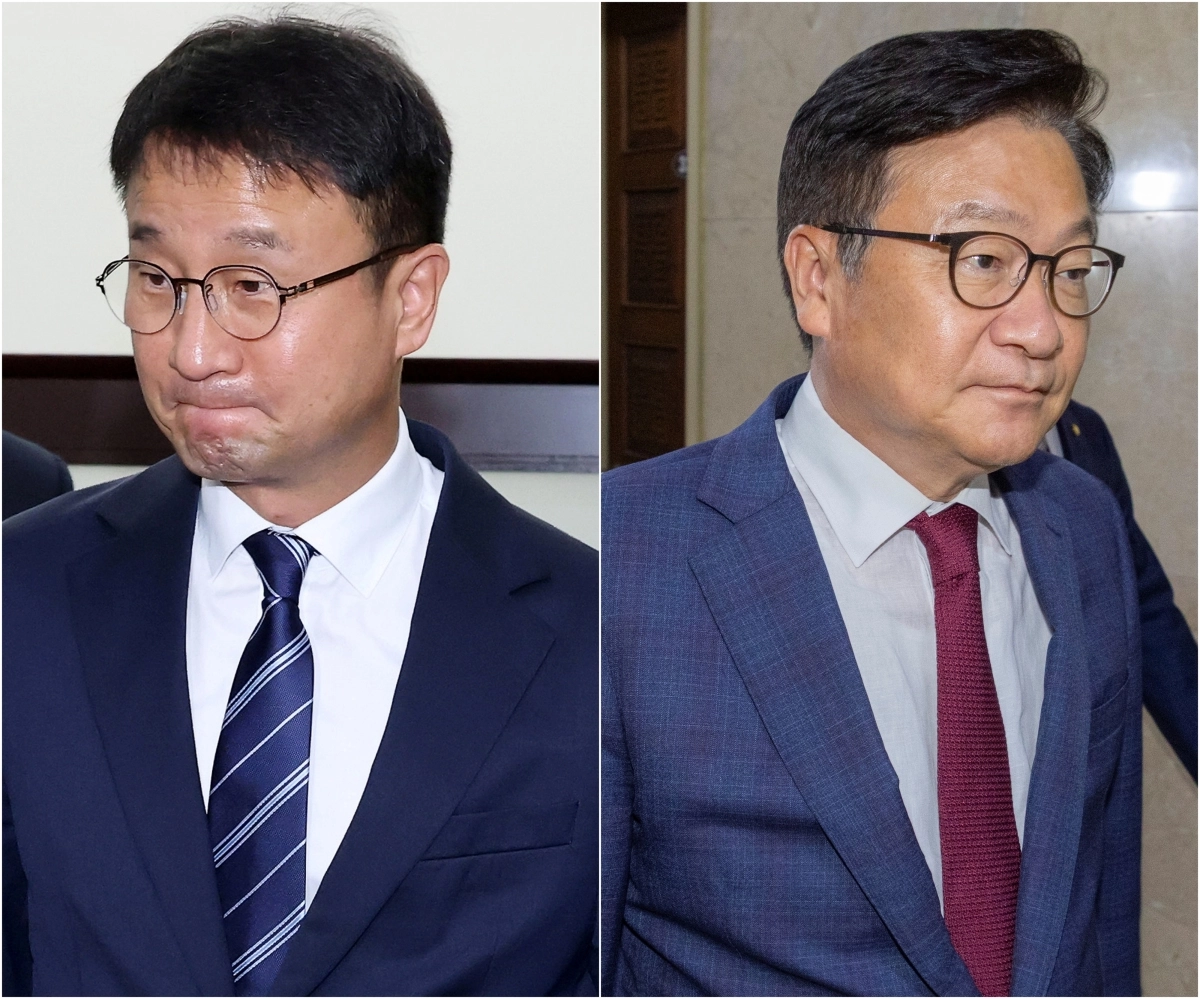 조정식 국회의장에게 원 구성 신속 요청을 마친 한병도(왼쪽) 더불어민주당 대표 직무대행 겸 원내대표와 여야 원내대표단 회담을 마친 뒤 결론을 내지 못하고 이동하는 정점식(오른쪽) 국민의힘 원내대표. 연합뉴스