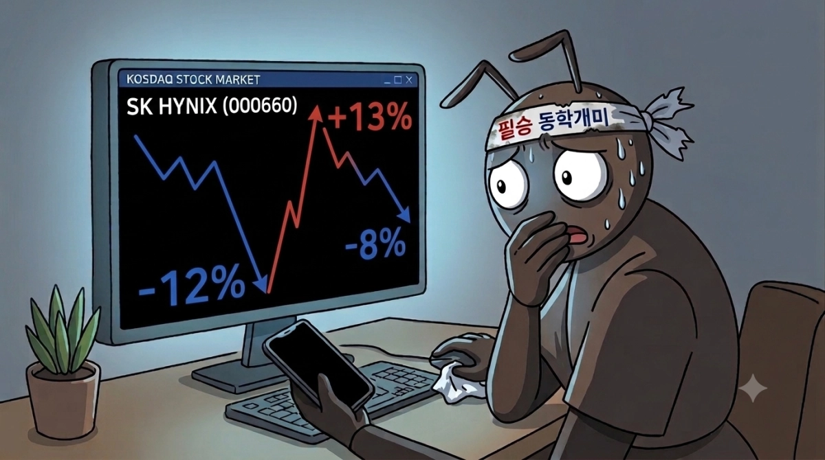 SK하이닉스가 연일 10% 안팎 급등락을 이어가는 ‘롤러코스터 장세’에 공포에 빠진 동학개미를 생성형 인공지능(AI) 제미나이가 그린 이미지.