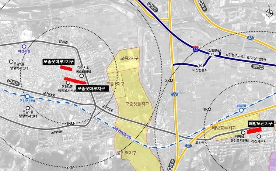 준주거지역으로 전환되는 충남 아산시 모종못마루지구 등 위치도. 시 제공