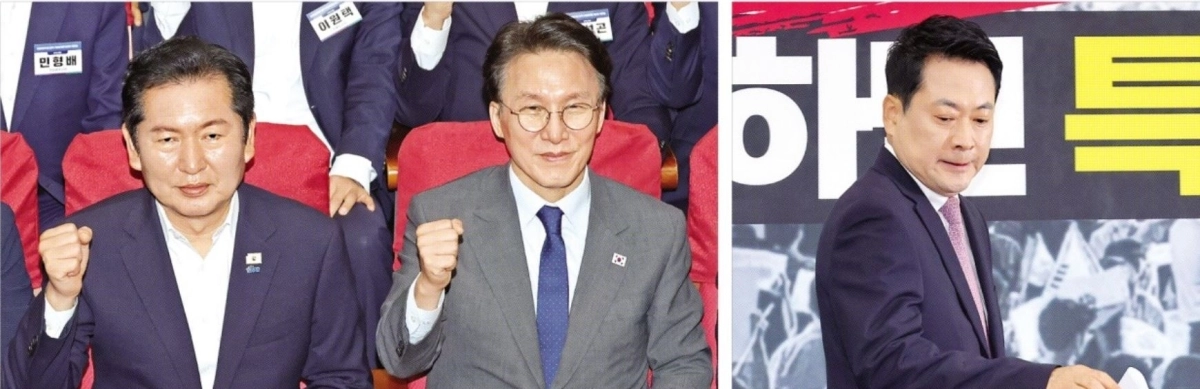 더불어민주당 정청래 전 대표와 김민석 국무총리가 지난 21일 국회 의원회관에서 열린 6·3 지방선거 단체장 당선자 워크숍에서 기념촬영을 하고 있다(왼쪽 사진). 오른쪽 사진은 지난 25일 국회에서 열린 최고위원회의에 참석하는 장동혁 국민의힘 대표. 연합뉴스