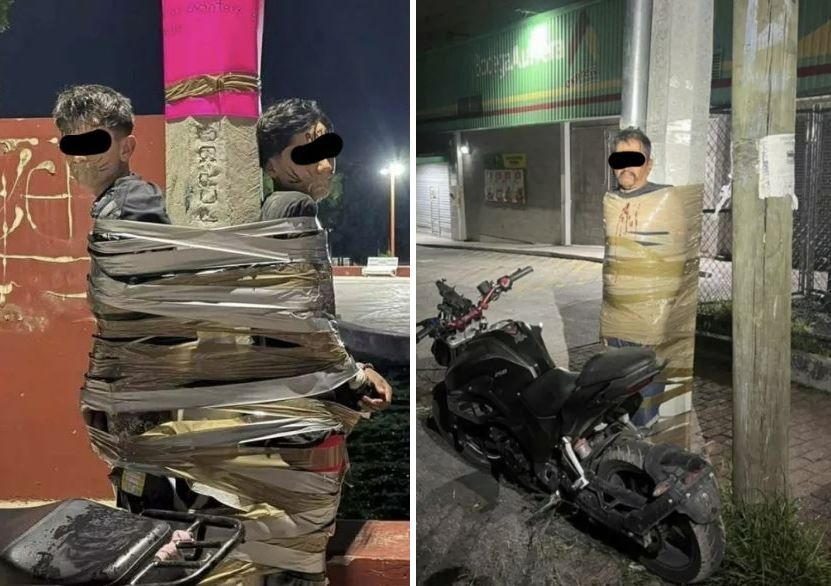 멕시코 할리스코주 라고스 데 모레노 지역에서 이른바 ‘멕시코 배트맨’에게 붙잡혀 가로등에 묶인 채 발견된 남성들의 모습. 소셜미디어(SNS) 캡처.