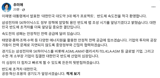 추미애 경기도지사 당선인 SNS 캡처