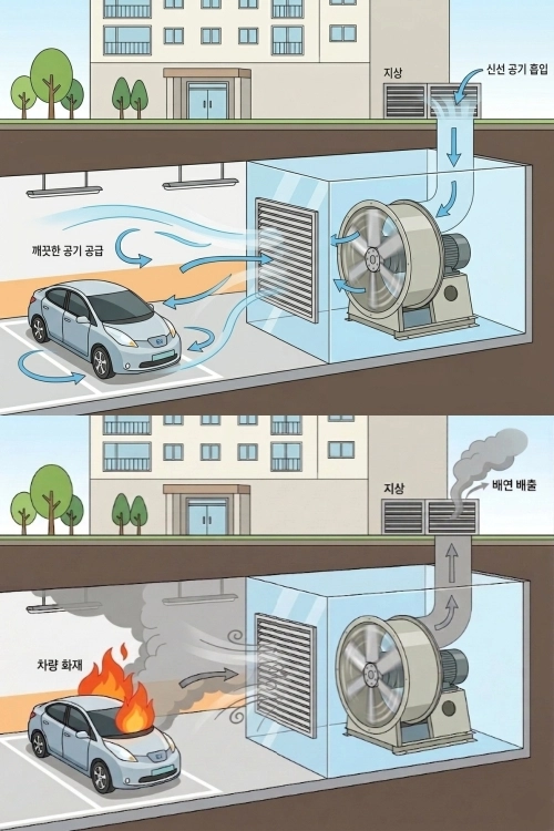 삼성물산 ‘리버서블 내열팬’ 구조도. 평상 시 환기 용도로 쓰이다가 화재가 발생하면 유독가스를 강제로 배출한다. 삼성물산 제공