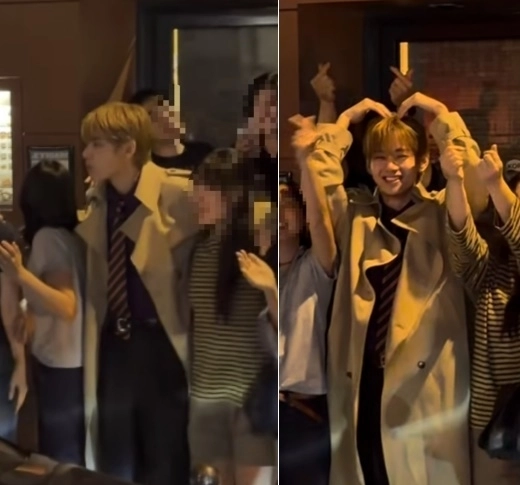 방탄소년단(BTS) 뷔(본명 김태형)가 프랑스 파리에서 팬들과 함께 즐거운 시간을 보내는 모습이 포착됐다. SNS 캡처