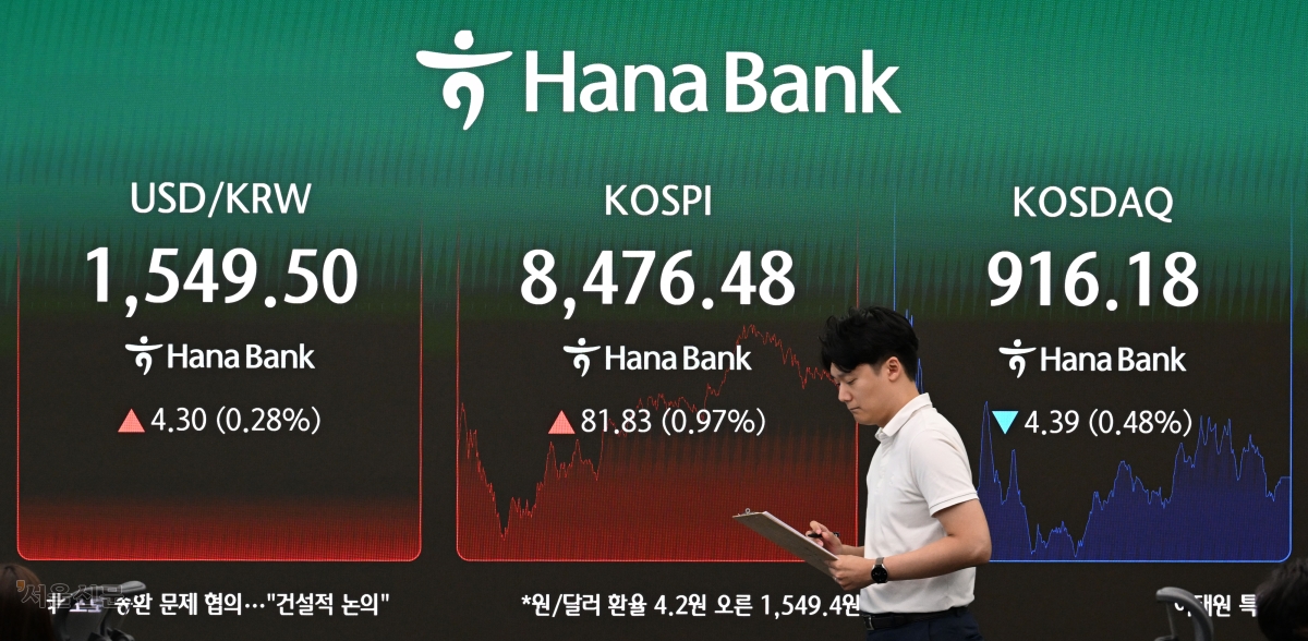 코스피가 3거래일 만에 상승 마감한 30일 서울 중구 하나은행 딜링룸 전광판에 코스피·코스닥 종가와 원달러 환율이 표시돼 있다. 이날 코스피는 전 거래일 대비 81.83포인트(0.97%) 오른 8476.48에 거래를 마쳤다. 도준석 전문기자